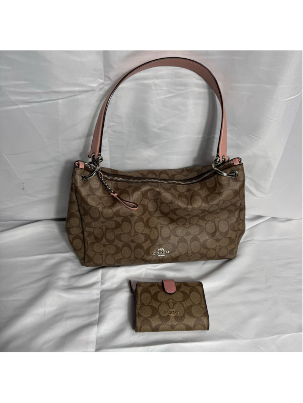Women's Coach Mia Signature Shoulder Bag Brown Pink + Matching Wallet Set